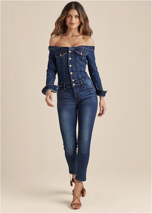 Off-The-Shoulder Denim Jumpsuit Product Image