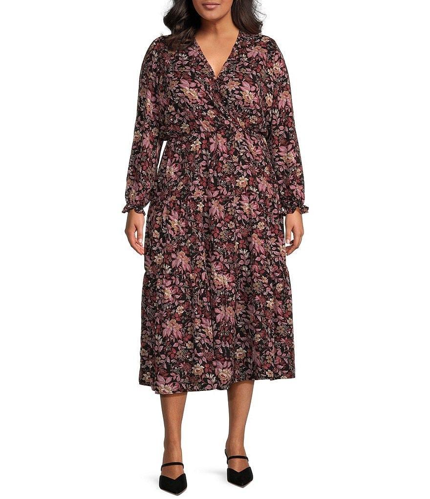 Dex Clothing Plus Long Sleeve Printed Faux Wrap Midi Dress Product Image