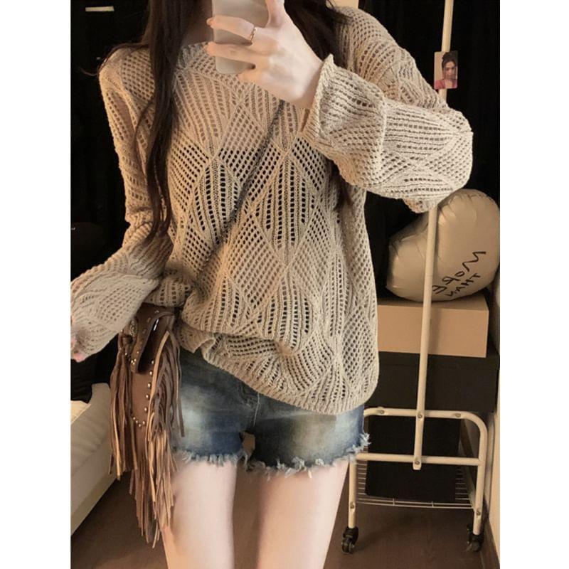 Long-Sleeve Round Neck Plain Pointelle Knit Top Product Image