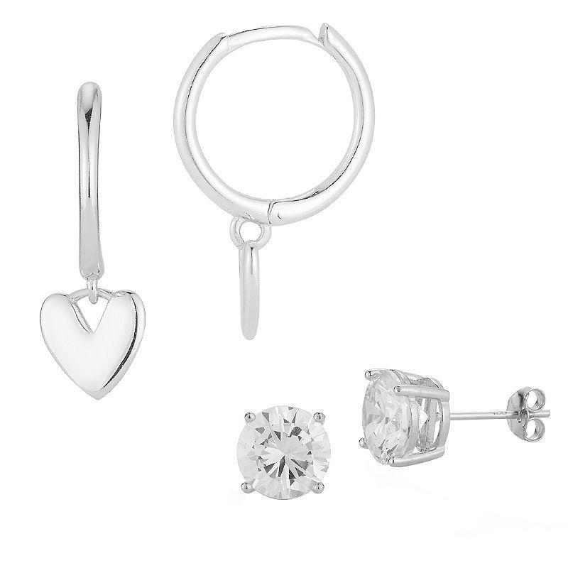 Sunkissed Sterling Heart Drop Hoop & Cubic Zirconia Stud Earring Duo Set, Womens, Silver Tone Product Image