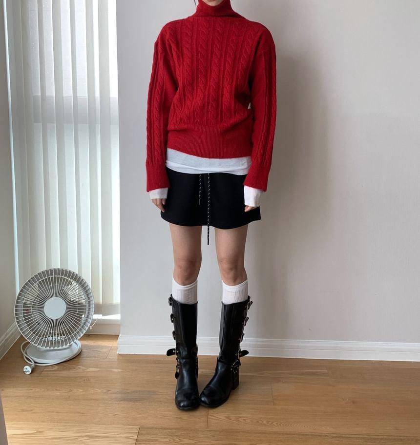 Turtleneck Plain Cable Knit Sweater Product Image