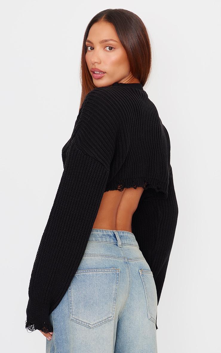 Black Chunky Knit Distressed Hem Crop Sweater Product Image