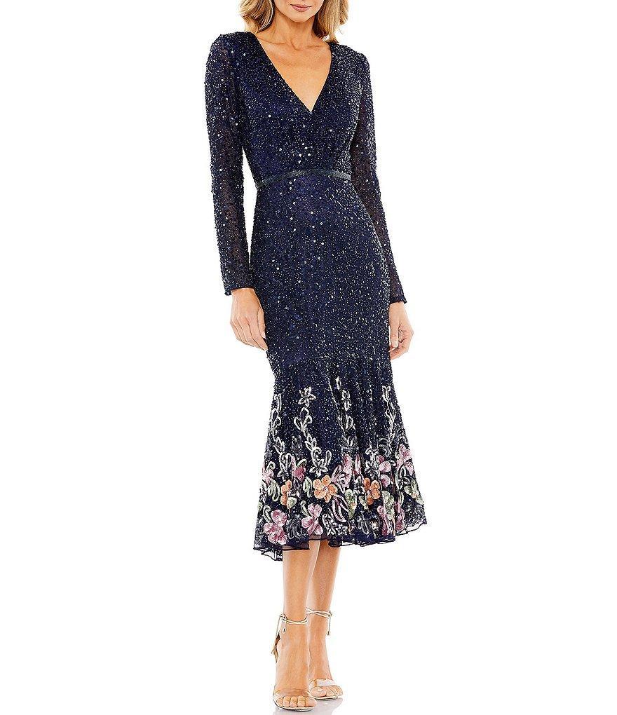 Mac Duggal Sequin Mesh V-Neck Long Sleeve Floral Trim Midi Dress Product Image