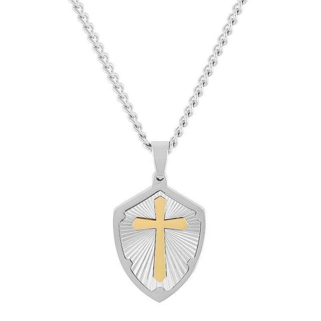 Steel Nation Mens Two Tone Cross & Shield Pendant Necklace White Product Image