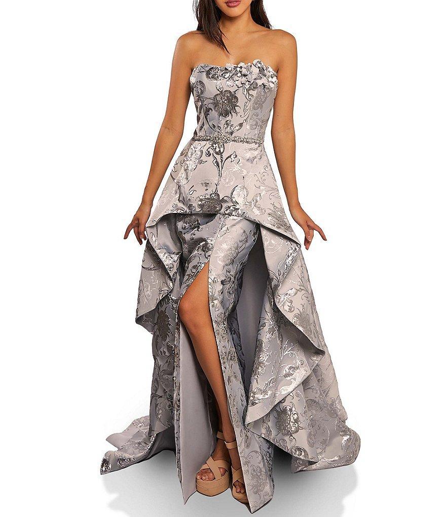 Terani Couture Jacquard Sequin Strapless Sleeveless Side Slit Over Skirt Gown Product Image