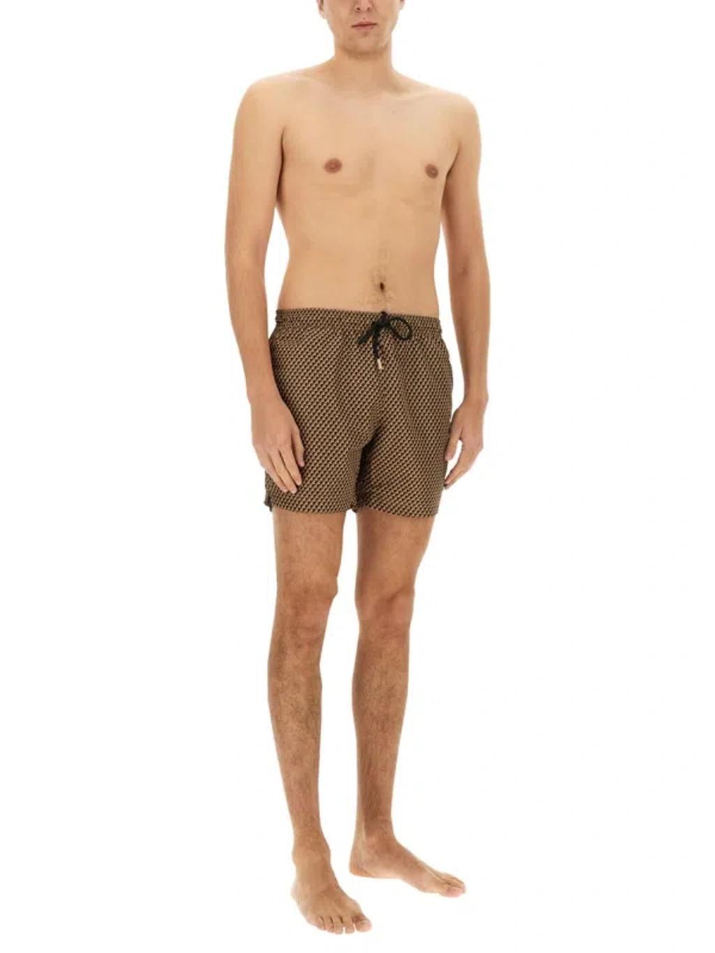 HUGO BOSS Logo-label Swim Shorts With Seasonal Pattern In Brown Product Image