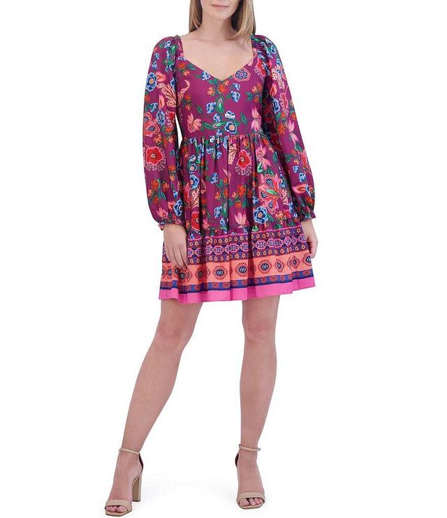 Eliza J Floral Print V-Neck Long Balloon Sleeve Tiered Mini Dress Product Image