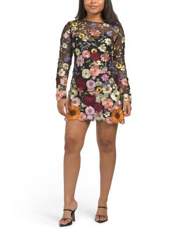 Long Sleeve Multi Floral Embroidered Mini Dress for Women Product Image