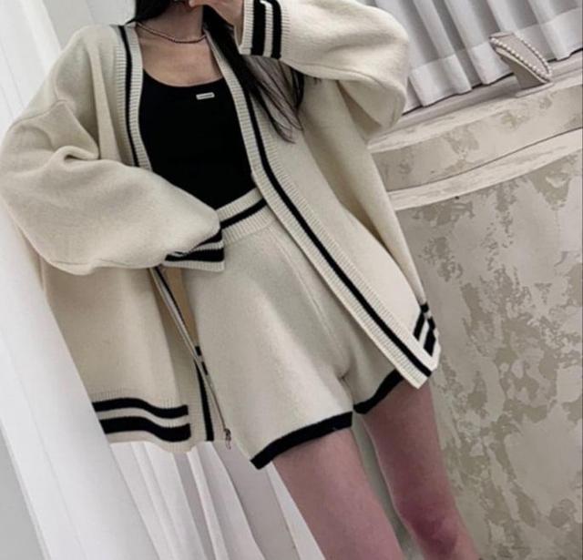 Set: V-Neck Two Tone Zip Cardigan + High Waist Knit Shorts Product Image