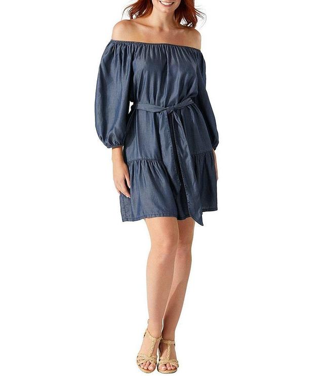 Tommy Bahama Chambray Off-the-Shoulder Tiered Swim Cover-Up Dress Product Image