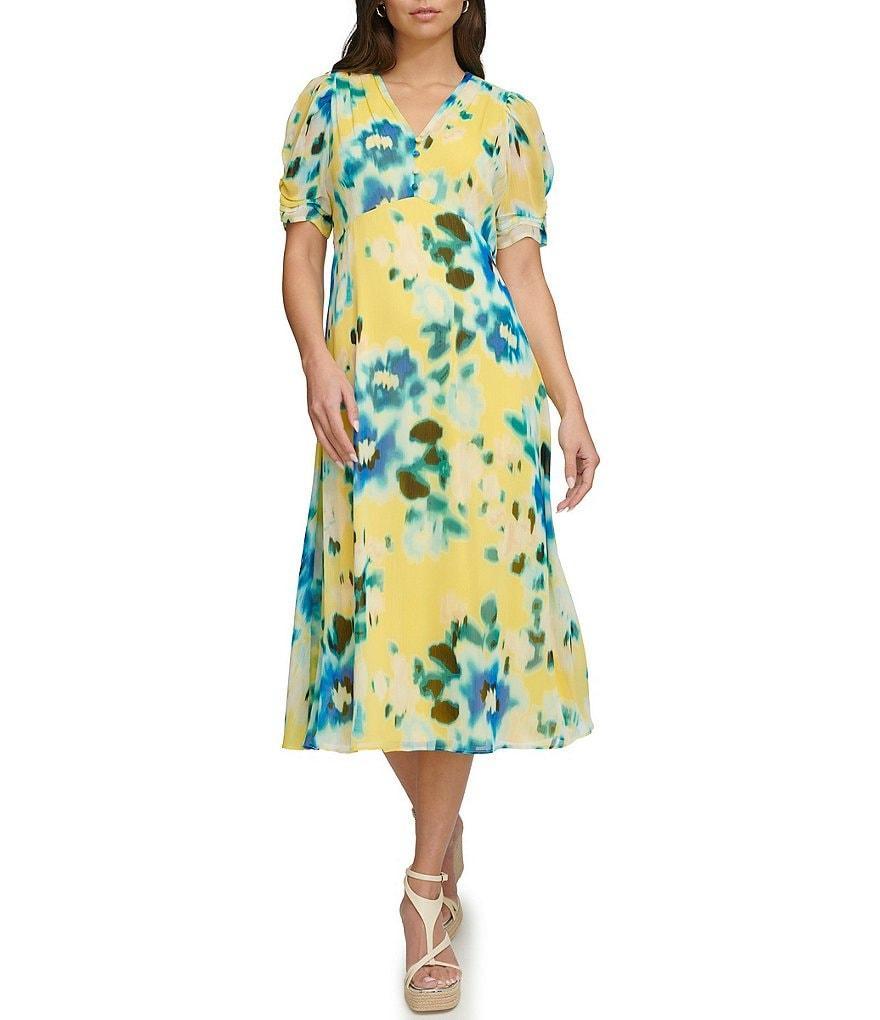 DKNY by Donna Karan Floral Crinkle Chiffon V-Neck Short Sleeve A-Line Midi Dress Product Image