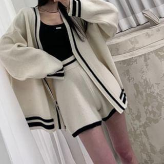 Set: V-Neck Two Tone Zip Cardigan + High Waist Knit Shorts Product Image