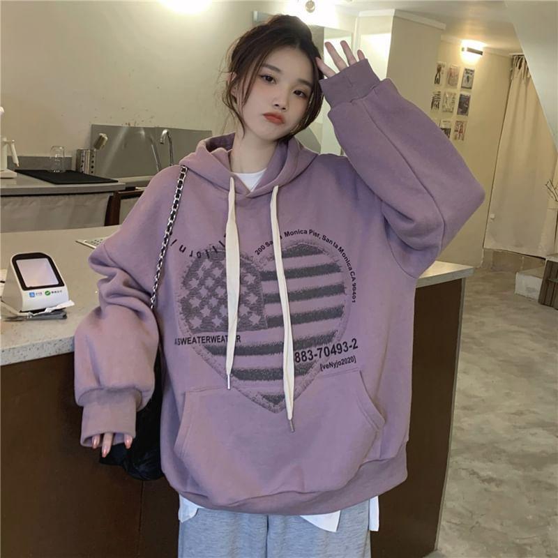 Heart Print Drawstring Fleece-Lined Hoodie Product Image