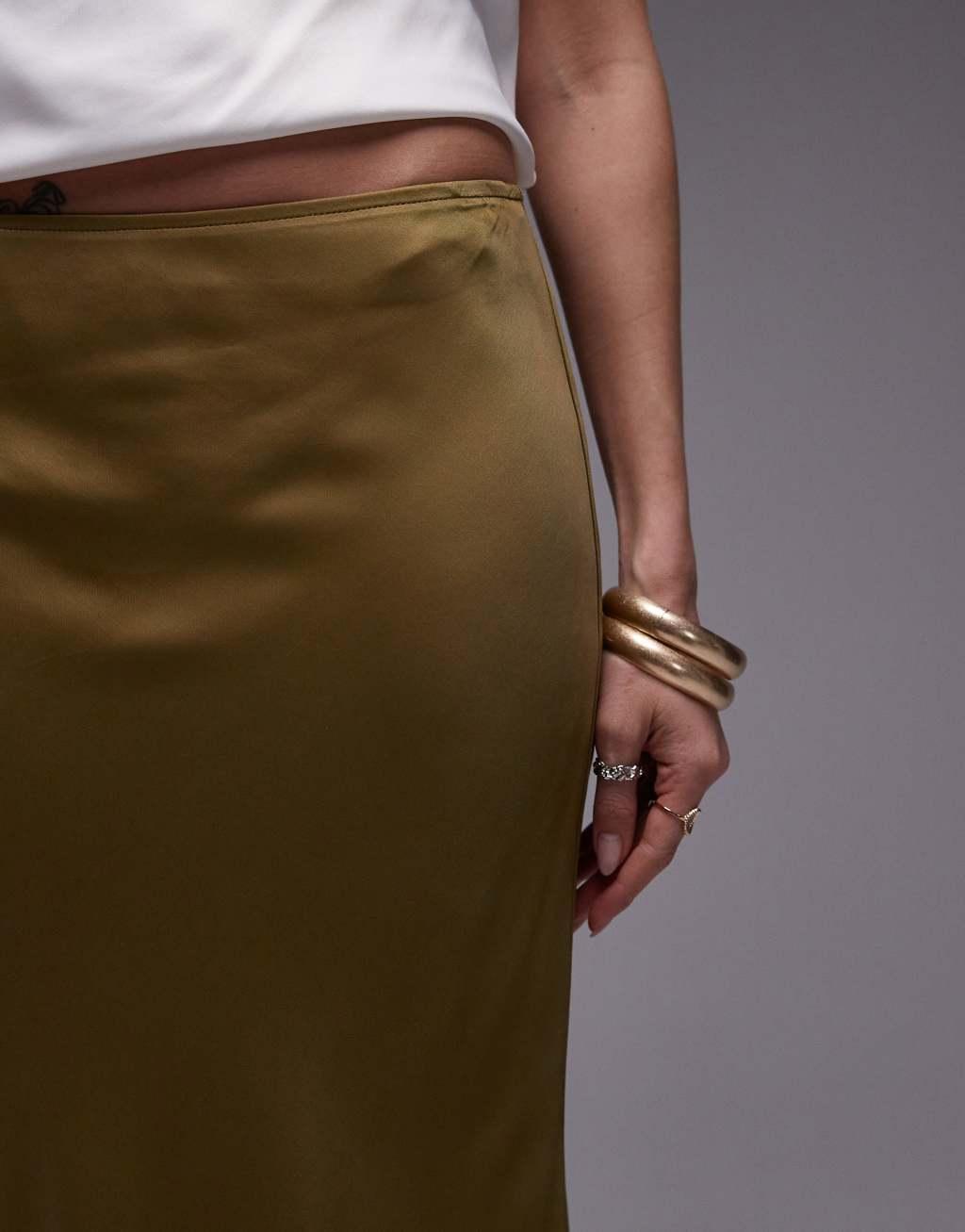 Topshop satin bias maxi skirt in khaki Product Image