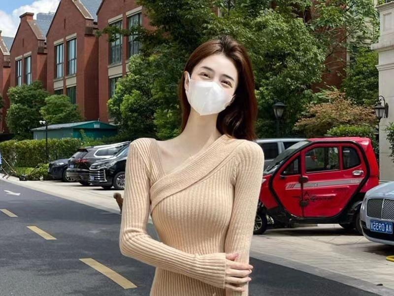 One-Shoulder Long Sleeve Plain Ribbed Midi Knit Dress Product Image