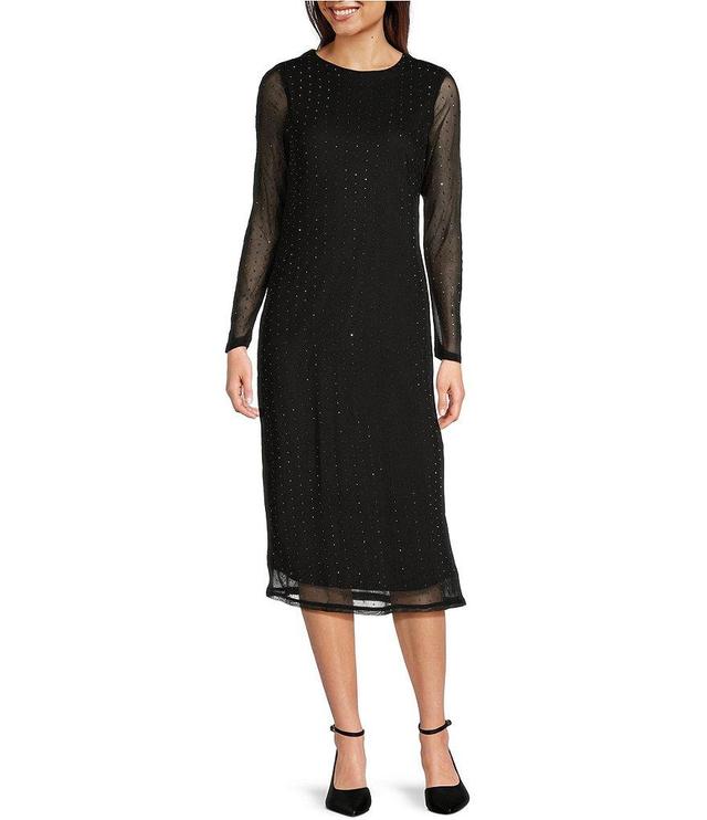 Reba Mesh Hematite Studded Scoop Neck Long Sleeve Column Sheath Midi Dress Product Image