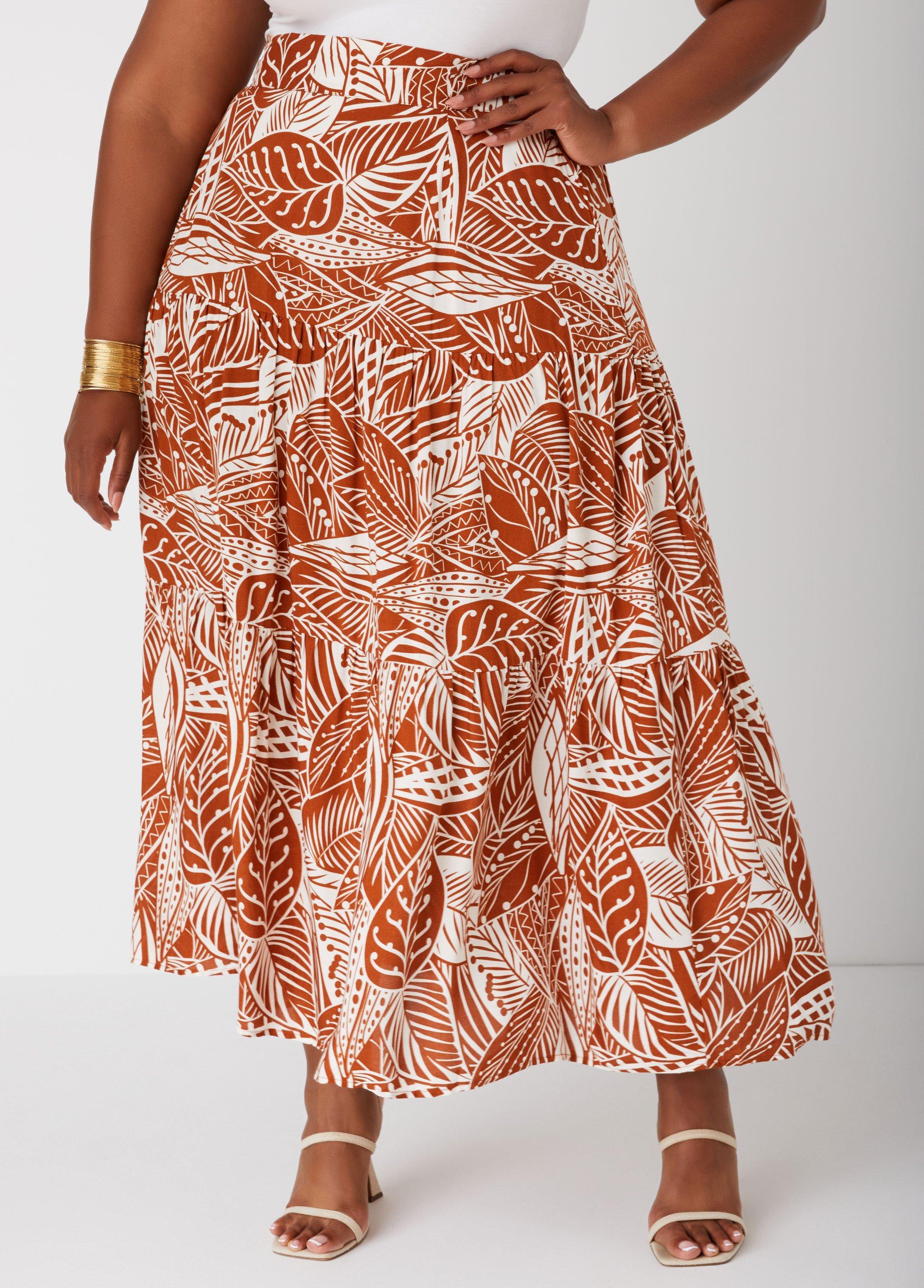 Plus Size Tiered Tropical Print Maxi Skirt, - Ashley Stewart Product Image