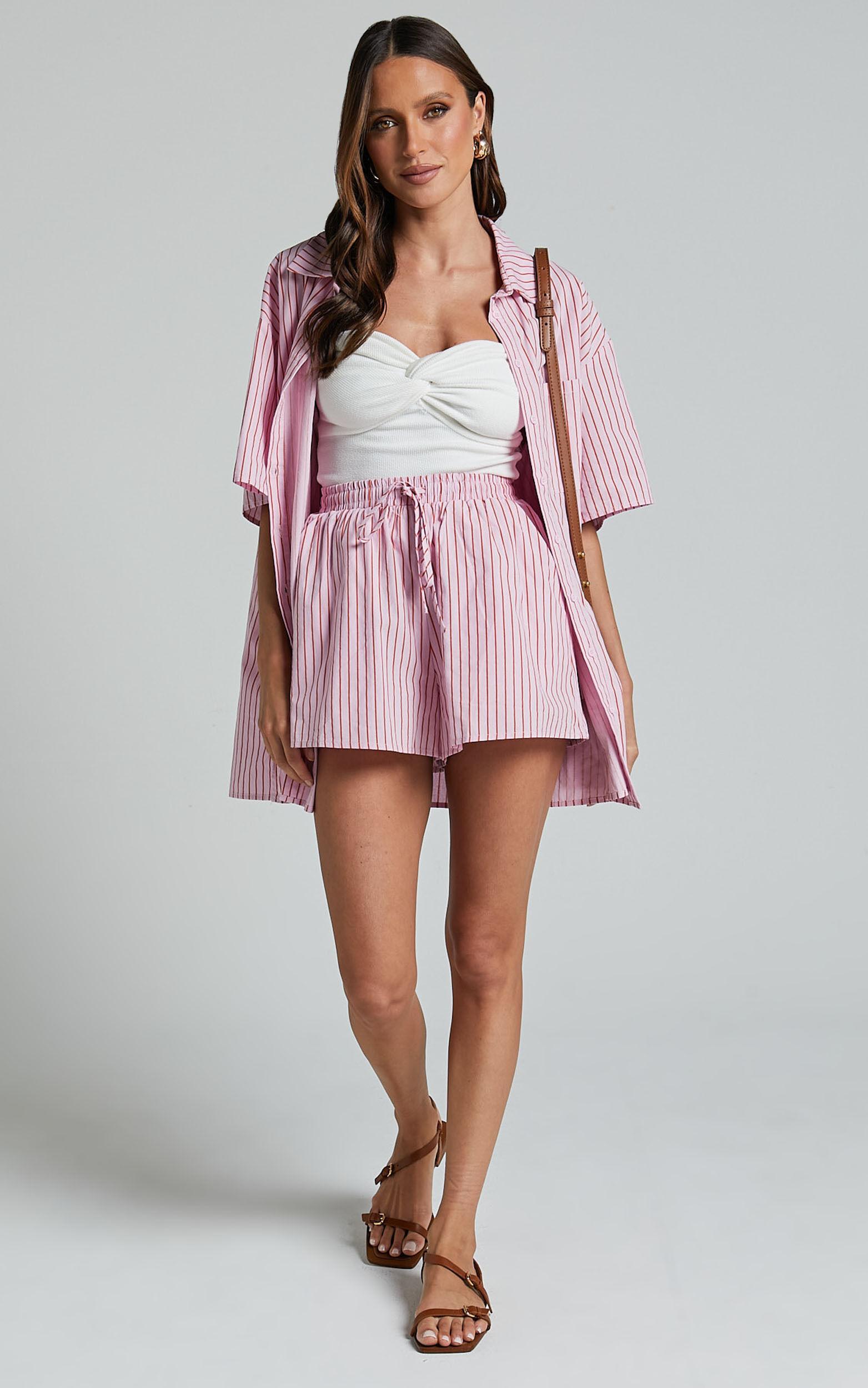 Gijon Shorts - High Waisted Shorts in Pink and Red Stripe Product Image