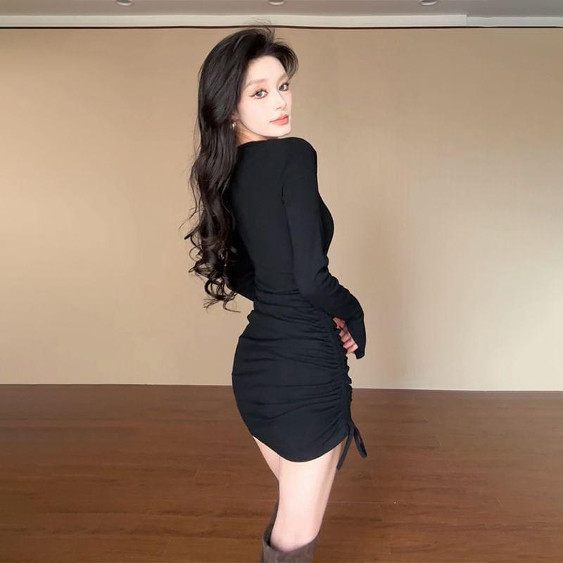 Long-Sleeve Notched Plain Mini Bodycon Dress Product Image