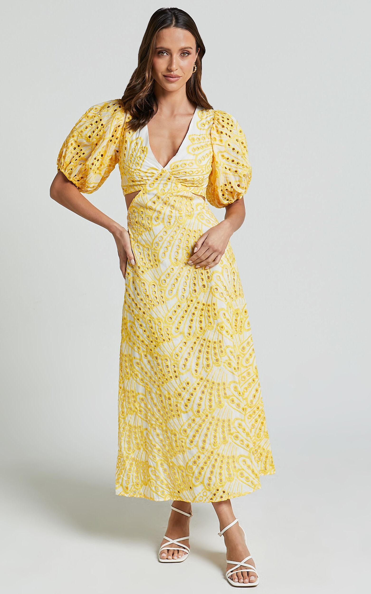 Imogen Midi Dress - Plunge Neck Puff Sleeve Side Cut Out Dress in White and Yellow Product Image