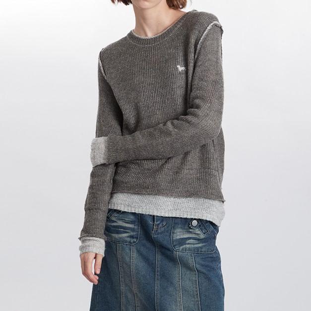 Round Neck Embroidered Mock Two Piece Sweater Product Image