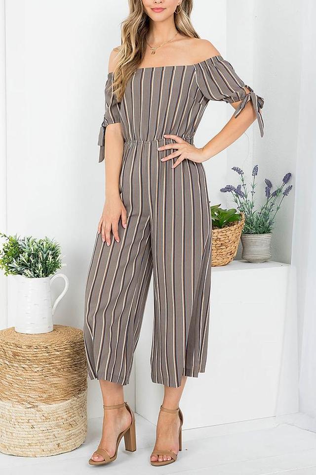 Stripe Off Shoulder Tie Sleeve Jumps Product Image