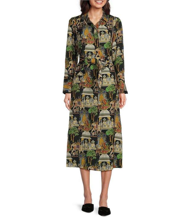 J. Mclaughlin Belle Poly Crepe Palace Pictorial Print Point Collar Long Sleeve Button Front Midi Shirt Dress Product Image