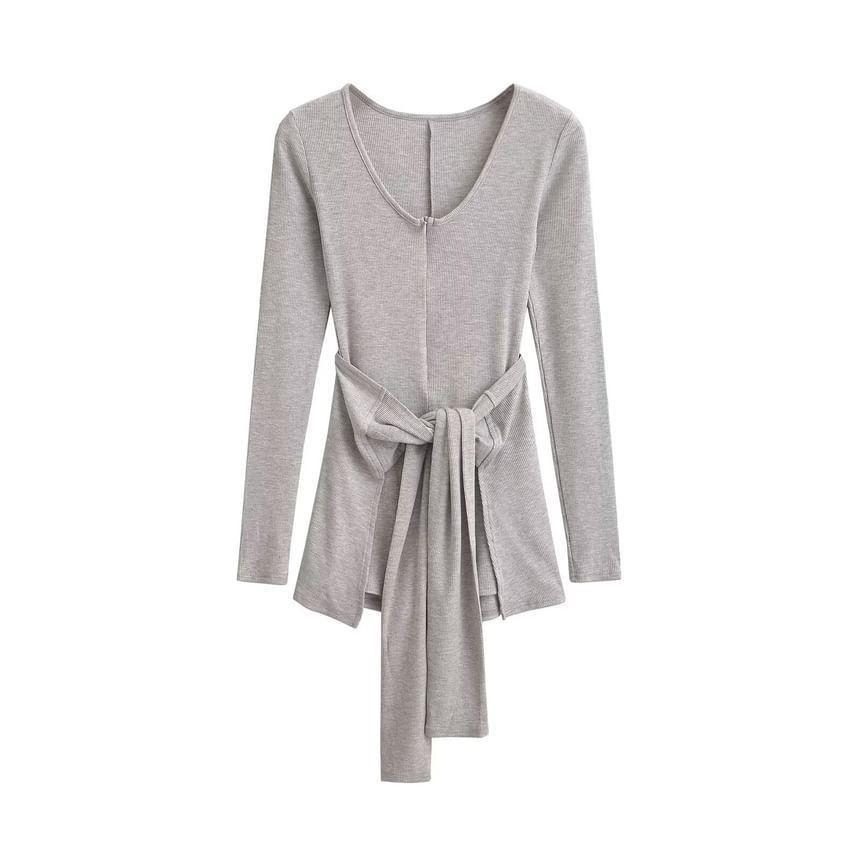 Set: Long-Sleeve V-Neck Plain Ribbed Half-Zip Romper + Mini Wrap Skirt Product Image