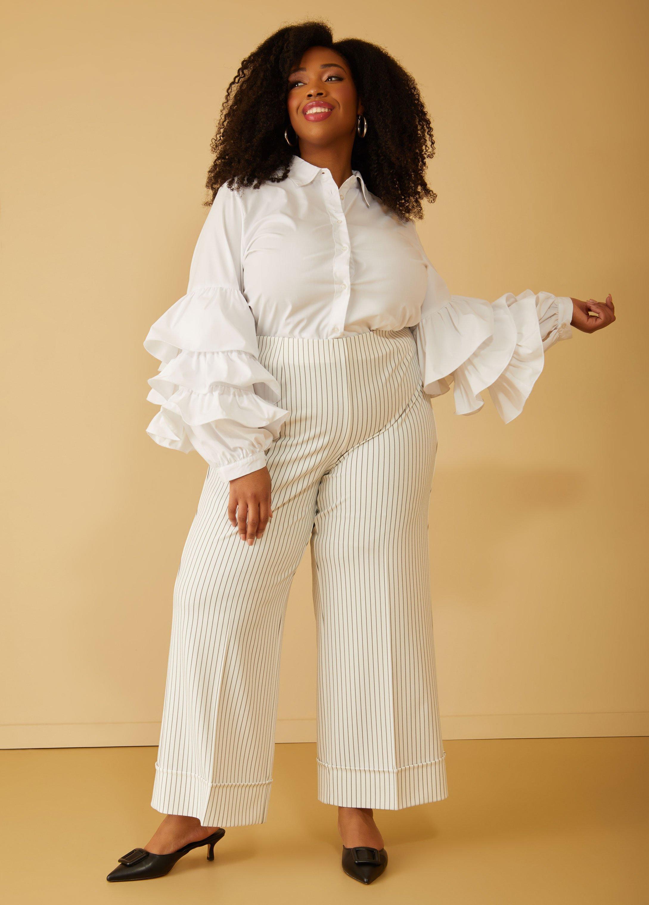 Cuffed Pinstriped Wide Leg Pants Product Image