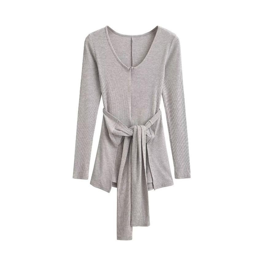 Set: Long-Sleeve V-Neck Plain Ribbed Half-Zip Romper + Mini Wrap Skirt Product Image