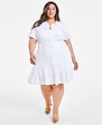 Trendy Plus Size Puff-Sleeve Tiered Mini Dress, Created for Macy's Product Image