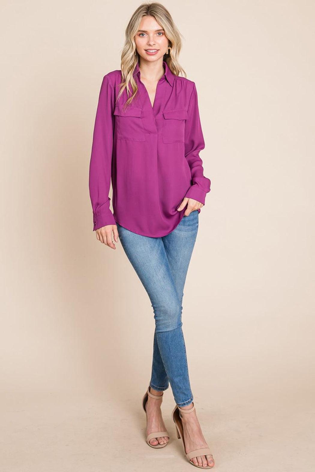 V Neck Collared Pocket Detail Blouse Shirts Female Product Image