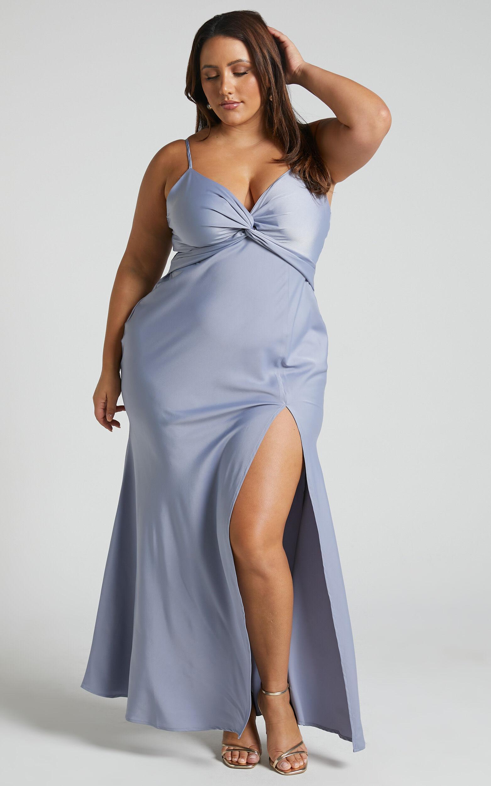 Gemalyn Midi Dress - Twist Front Thigh Split Dress in Sky Blue Product Image