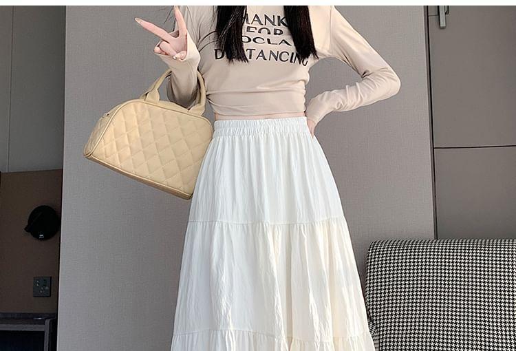 Elastic Waist Plain Tiered Ruffle Trim Midi A-Line Skirt Product Image