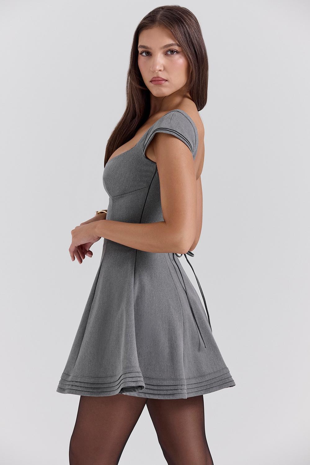 Cheri French Grey Fitted Mini Dress with Voluminous Skirt Product Image