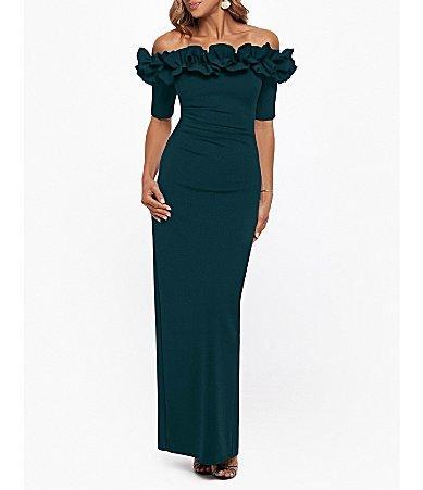 Xscape Evenings Off the Shoulder Ruffle Crepe Trumpet Gown Product Image