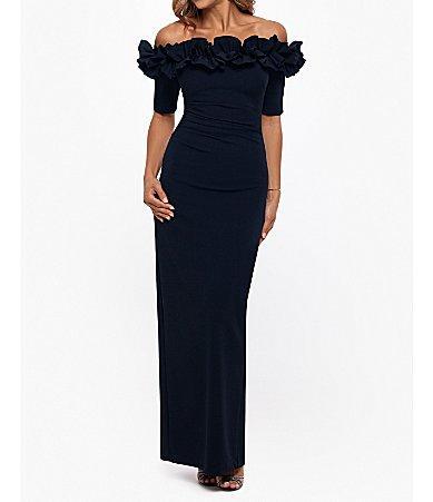 Xscape Evenings Off the Shoulder Ruffle Crepe Trumpet Gown Product Image