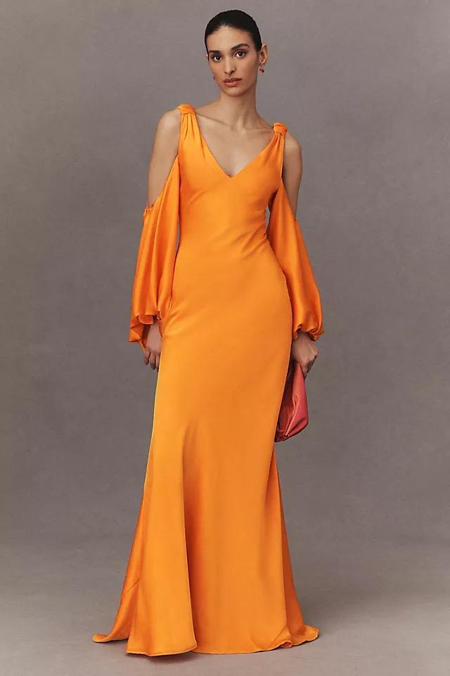 Halston Binnie V-Neck Puff-Sleeve Satin Mermaid Gown Product Image