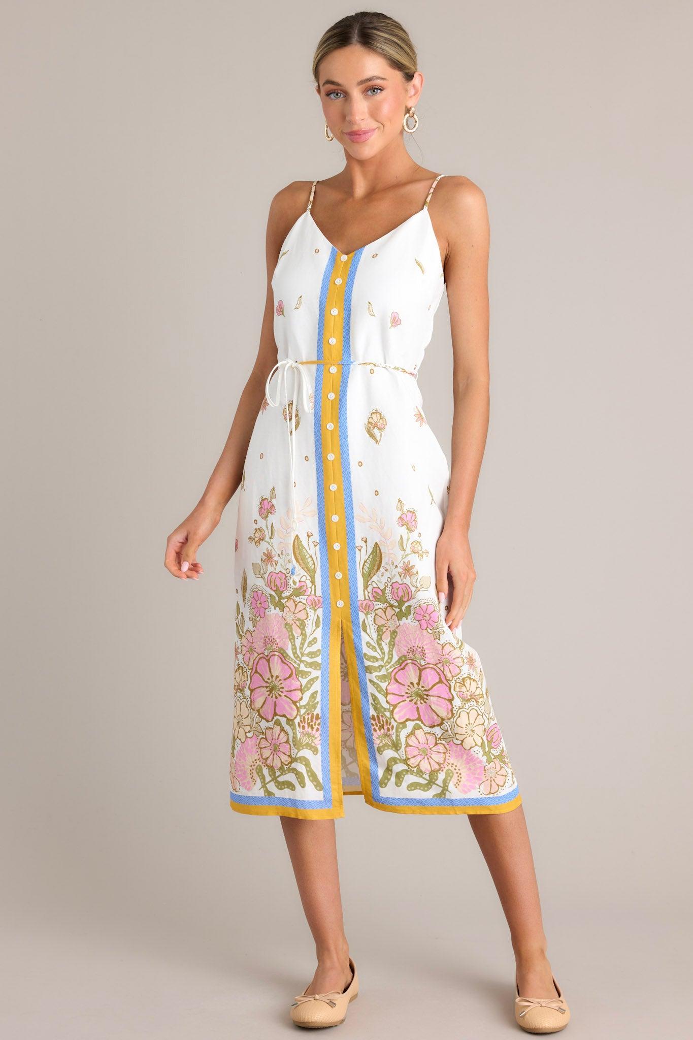 Bursting Blooms Ivory Multi Floral Midi Dress Product Image