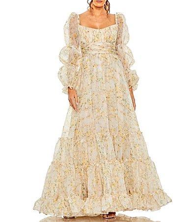 Womens Floral Puff-Sleeve Tiered Chiffon Gown Product Image