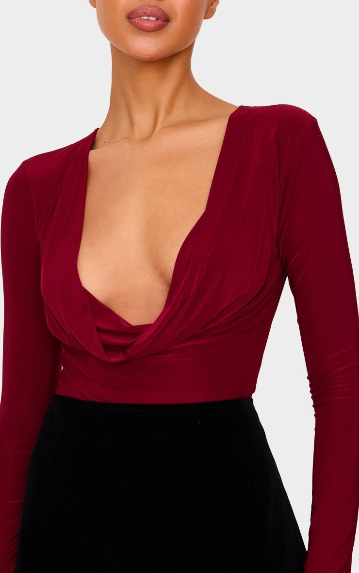 Burgundy Cowl Neck Slinky Long Sleeve Top Product Image