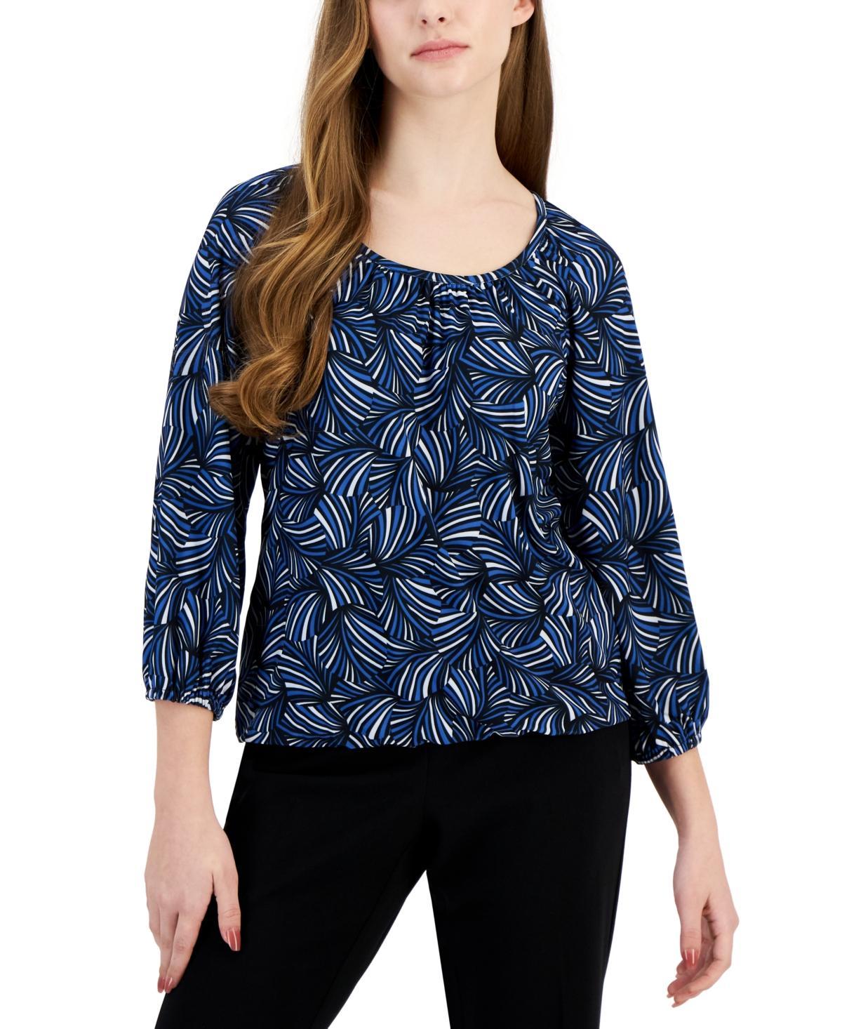 Ak Anne Klein Petite Printed Shirred 3/4-Sleeve Top - Anne Black Product Image