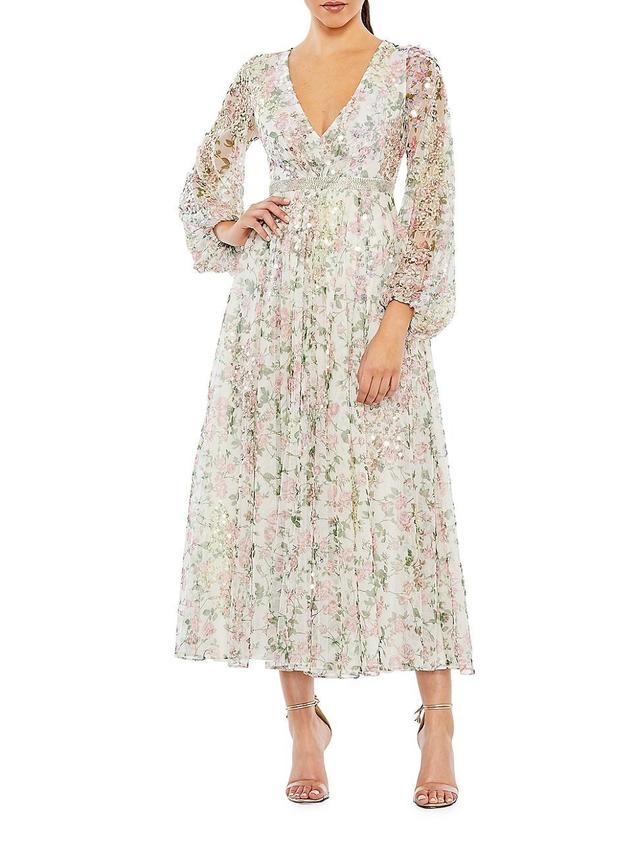 Womens Embellished Floral Print Faux Wrap A Line Dress Product Image