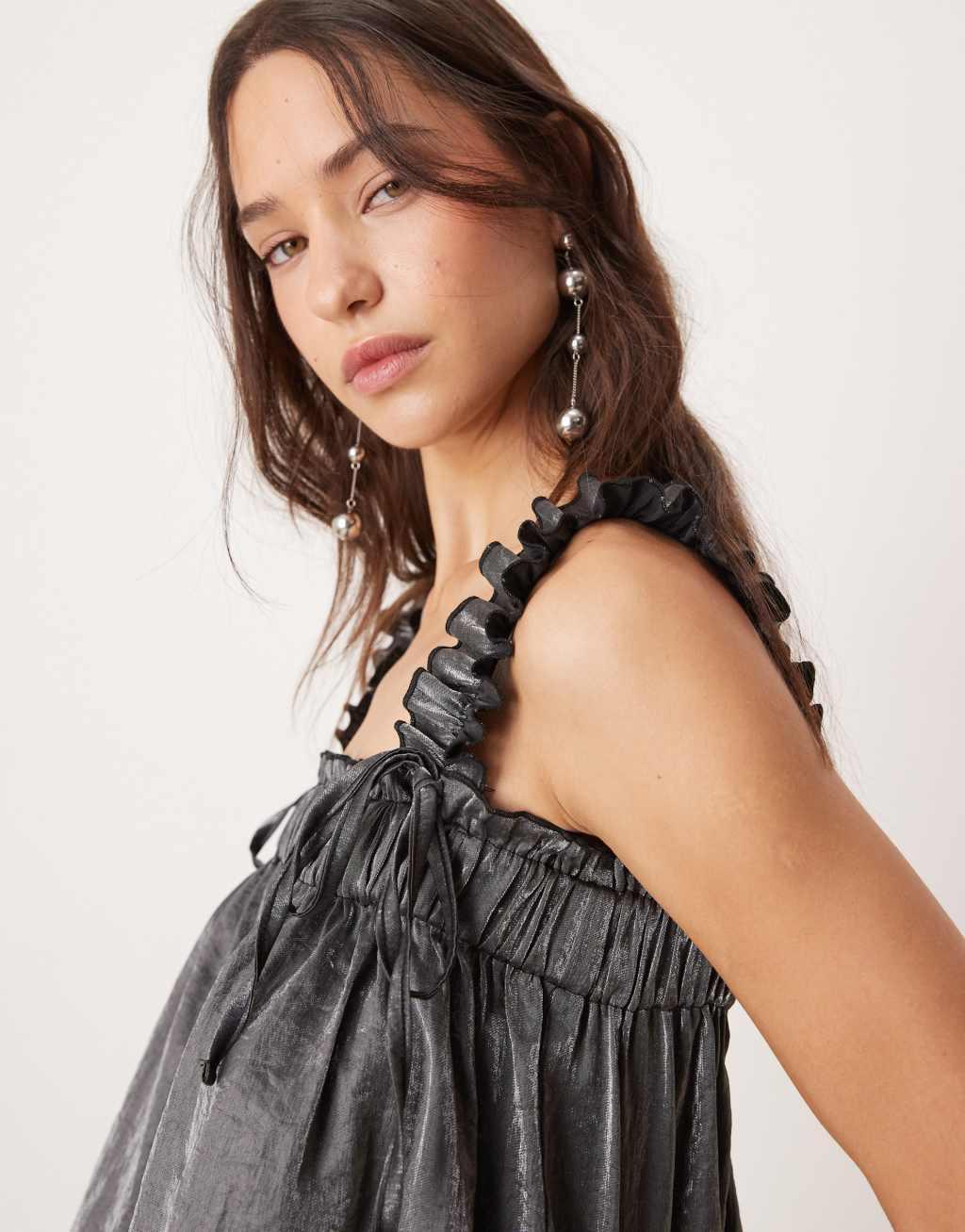 ASOS DESIGN ruffle shoulder cami top in black shimmer Product Image