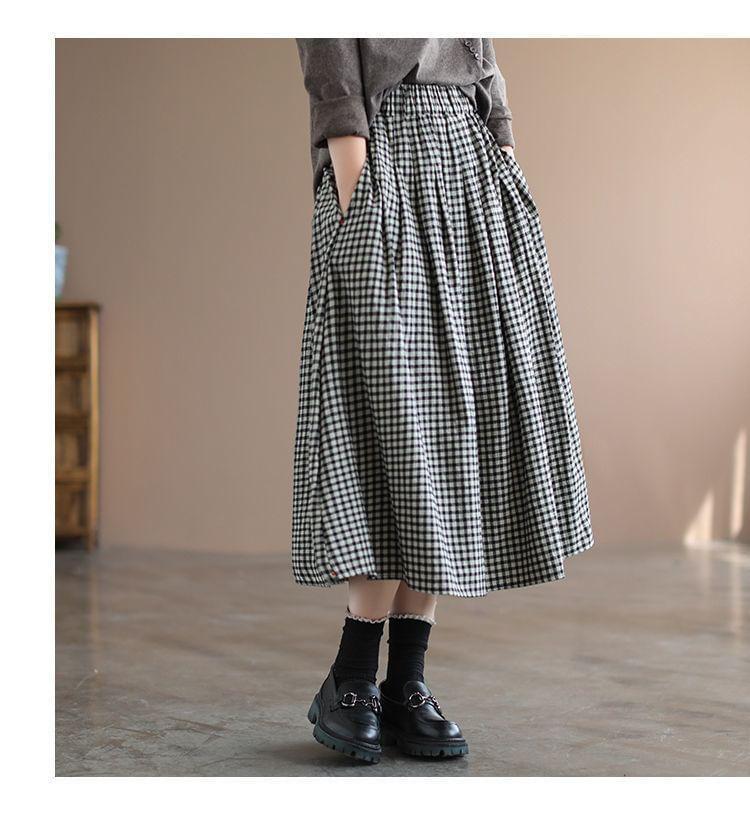 Elastic Waist Plaid Midi A-Line Skirt product image