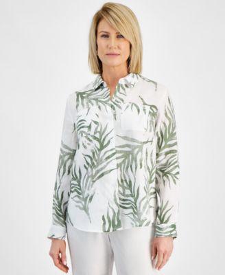 Petite 100% Linen Printed Button-Front Shirt, Created for Macy's  Product Image