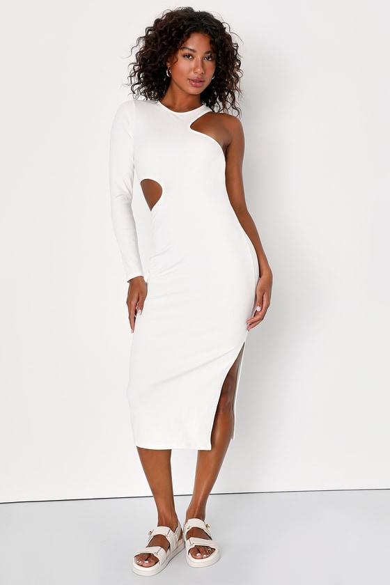 Enticing Allure White Ribbed Asymmetrical Cutout Midi Dress Product Image