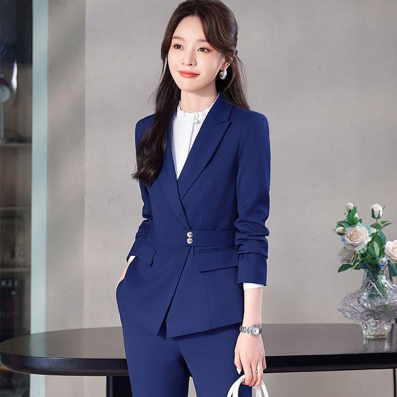 Peak Lapel Plain Single-Breasted Blazer / Long-Sleeve Bow Shirt / High Waist Pencil Skirt / Straight Leg Slacks Product Image