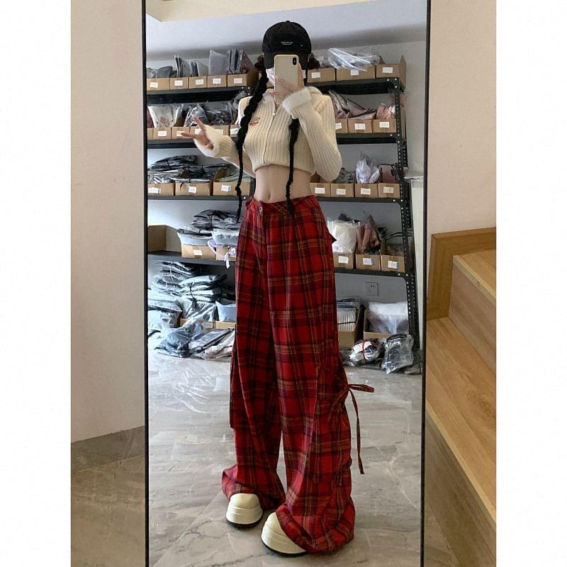 High Waist Plaid Wide Leg Cargo Pants Product Image