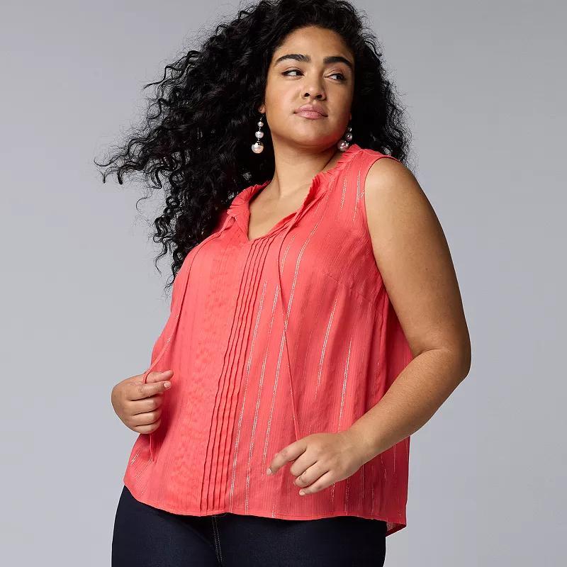 Plus Size Simply Vera Vera Wang Tie Pintuck Front Top, Womens Bahama Pink Product Image